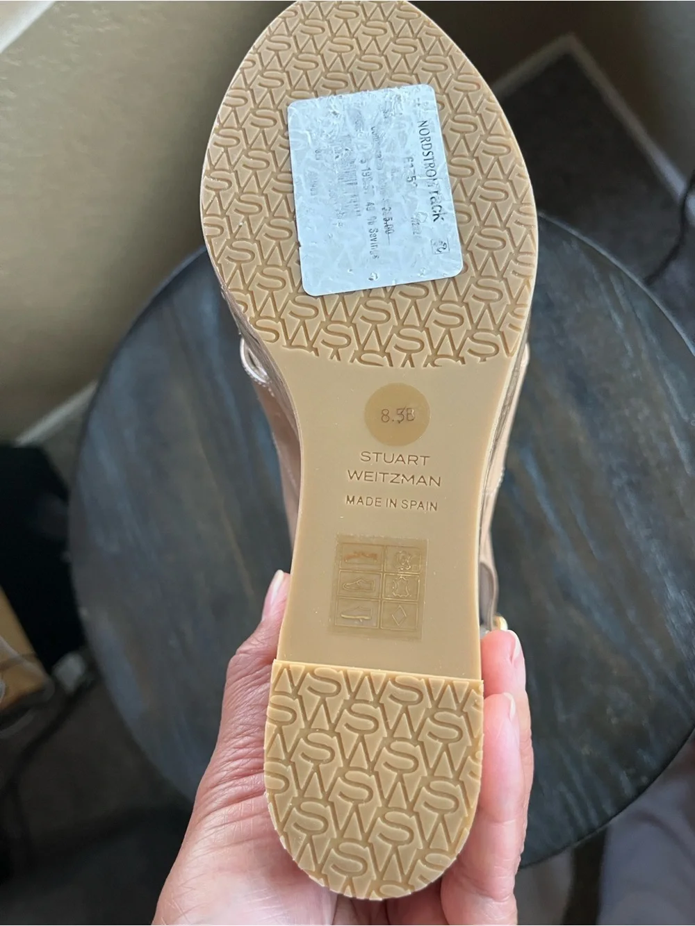 Stuart Weitzman Nude Patent Cork Wedge Sandals - Picture 8 of 8